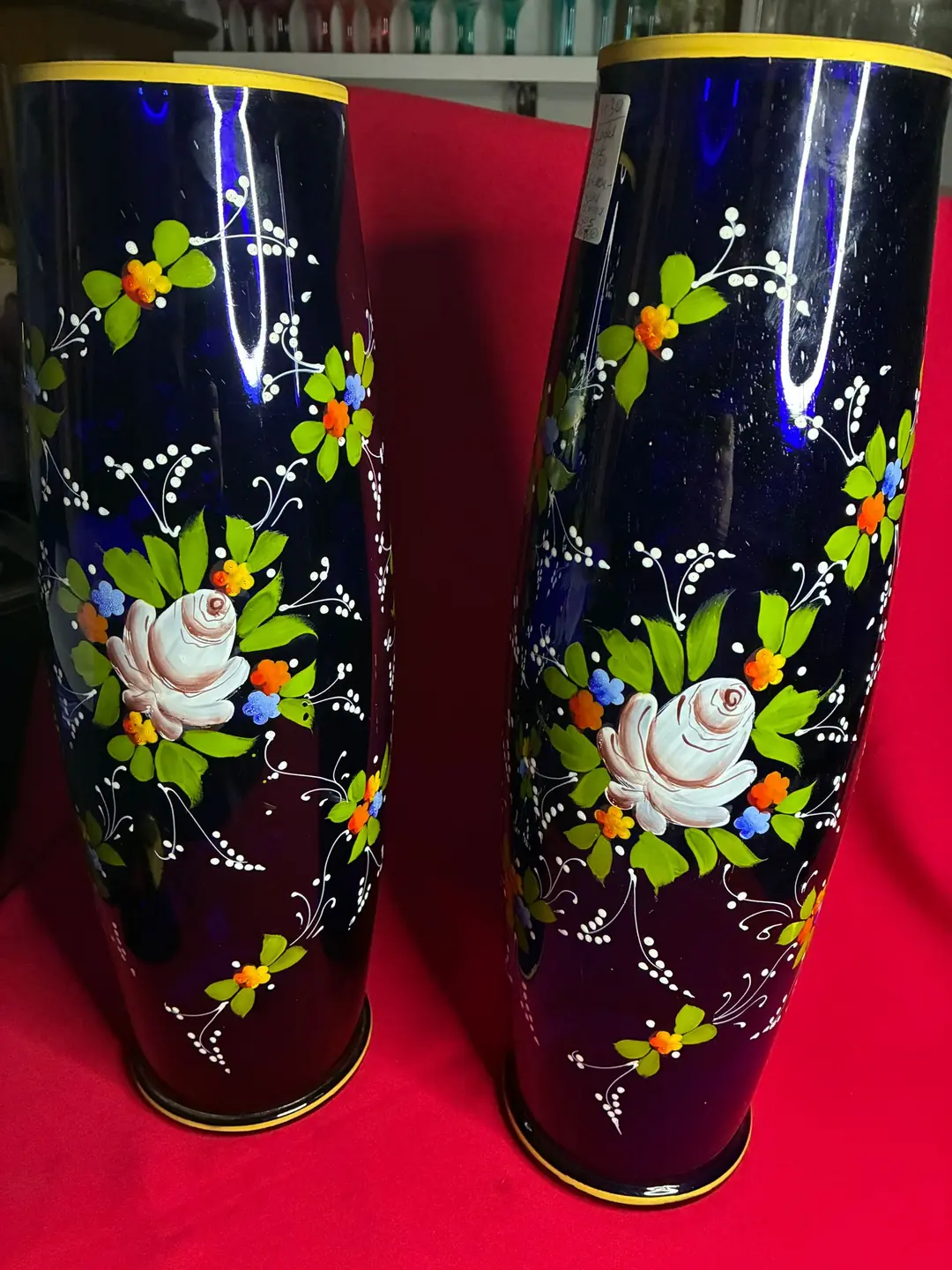 1900’ler Art Nouveau Bohemya El Boyama Kobalt Mavi Cam Vazo Çifti
