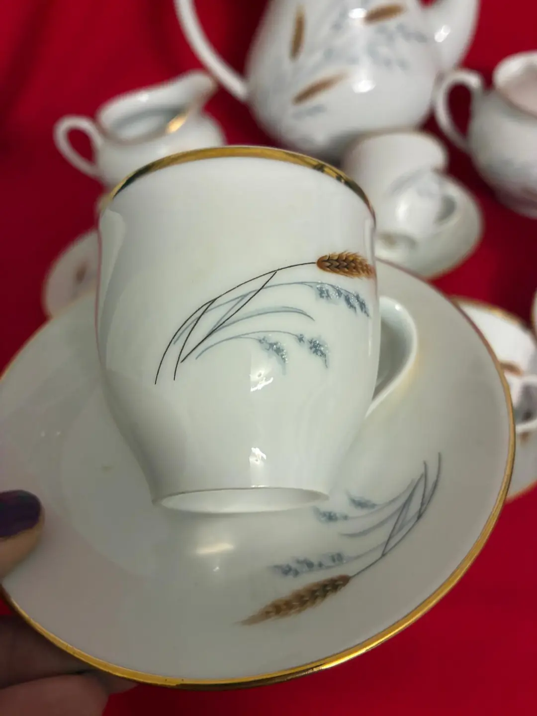 Limoges France 6 Kişilik Kahve Takımı – Altın Yaldızlı Buğday Desenli Fransız Porseleni