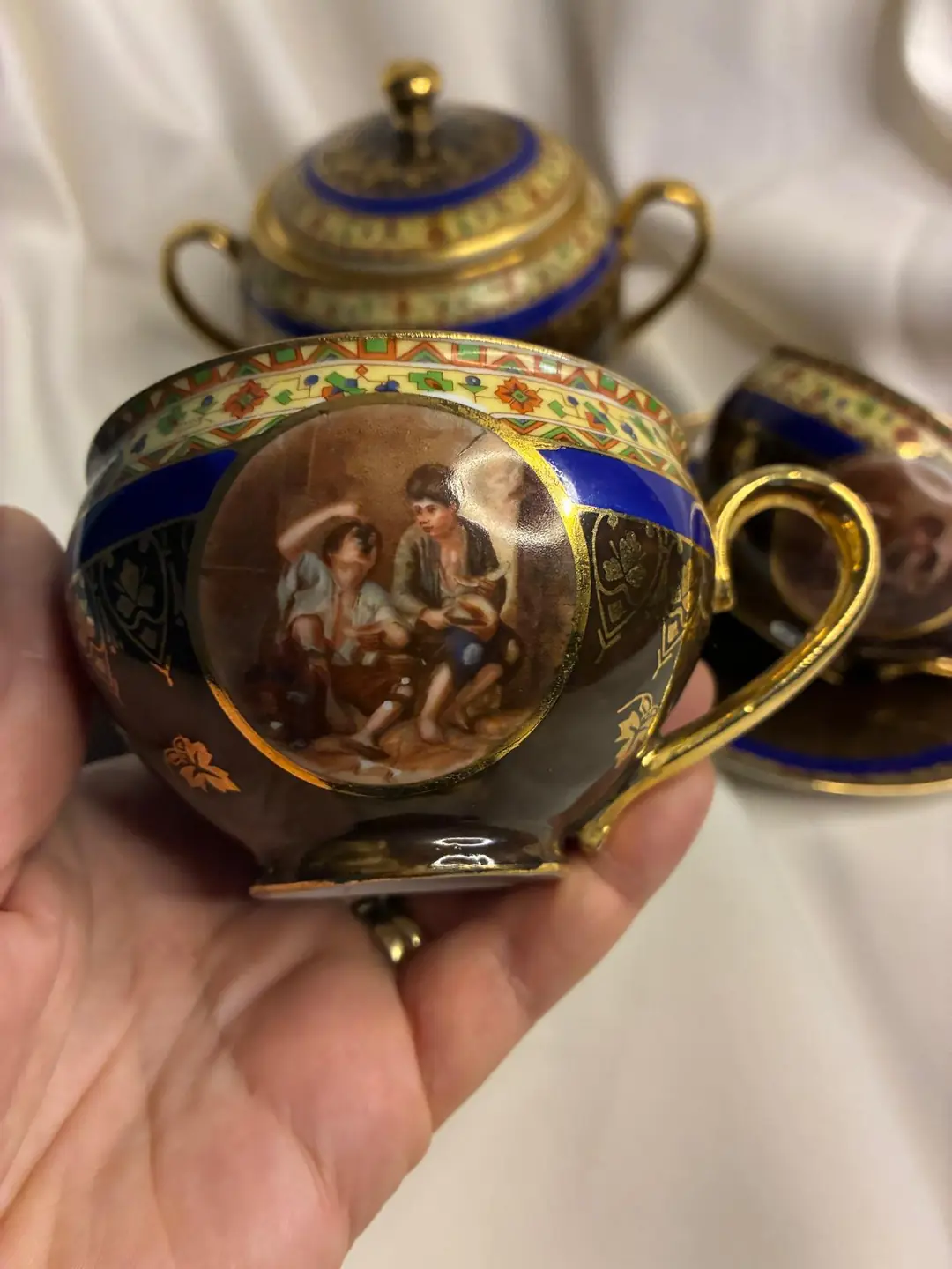 Vienna Style “KINGS” Damgalı Kobalt & Altın Yaldızlı Porselen Sunum Seti-1920-1930'lar
