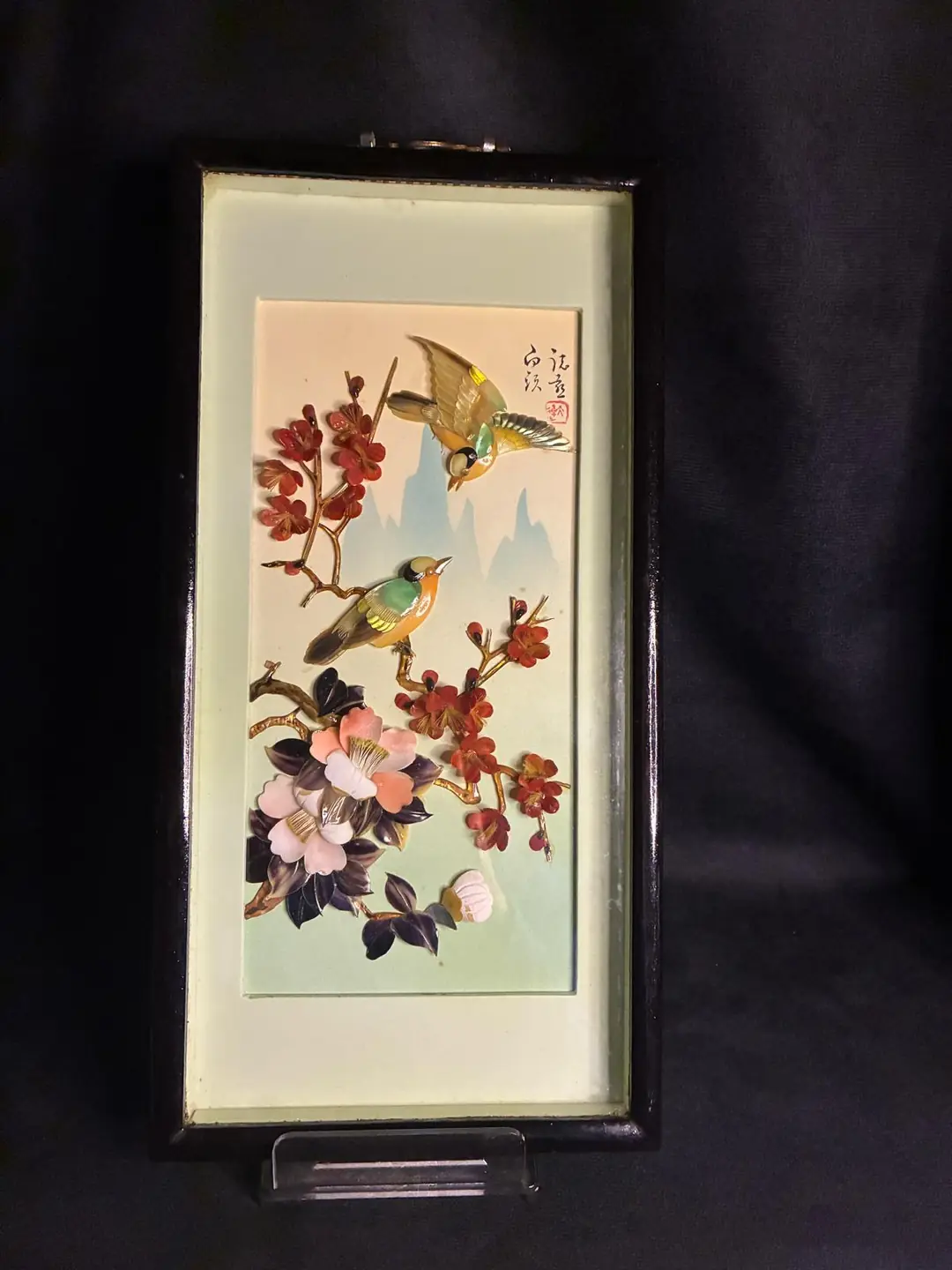 Vintage Japon Sedefli Sakura Kabartma Pano – 36x18 cm – 3D Kuş Figürlü Duvar Sanatı (1970’ler)