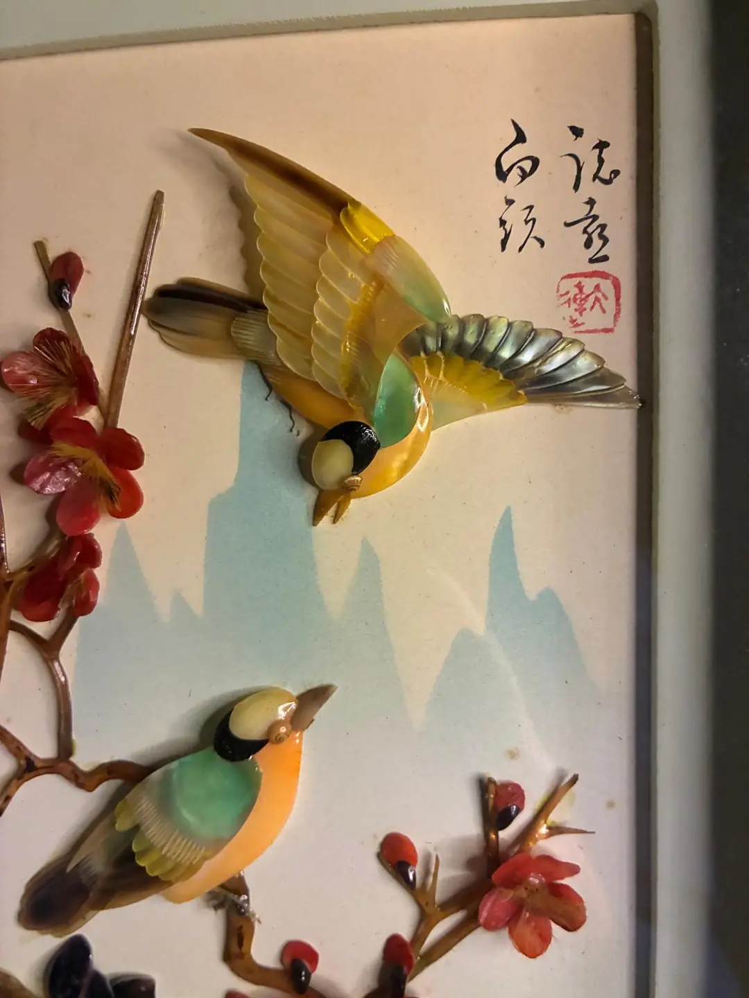 Vintage Japon Sedefli Sakura Kabartma Pano – 36x18 cm – 3D Kuş Figürlü Duvar Sanatı (1970’ler)