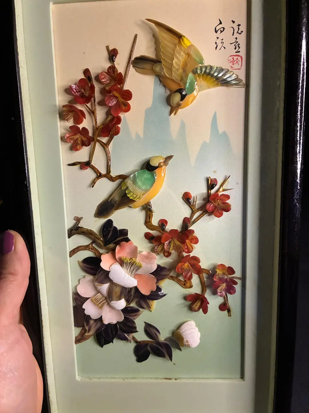 Vintage Japon Sedefli Sakura Kabartma Pano – 36x18 cm – 3D Kuş Figürlü Duvar Sanatı (1970’ler)